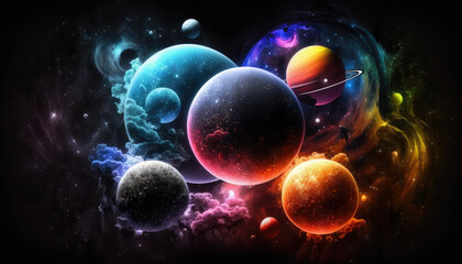 Obraz na płótnie Canvas A vibrant and ethereal display of planets and moons against a black background - a stunning art background wallpaper
