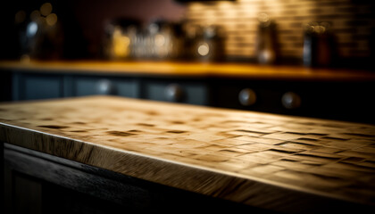 Selective focus.Dark counter bar or tabletop with blur light bokeh in dark nightclub,cafe or restaurant background.
