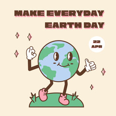 Happy Earth Day Card. Vintage nostalgia cartoon earth planet character mascot smiling. Environment friendly recycle concept social media banner. Retro vector illustration.