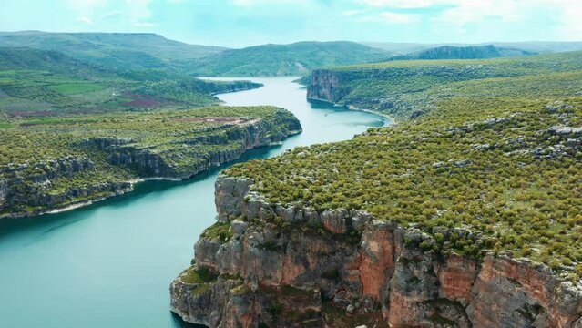 Aerial view of Canyon on the Euphrates River, Huge steep cliffs. Dramatic geological wonder. Beautiful background and unusual landscape, 4k .1