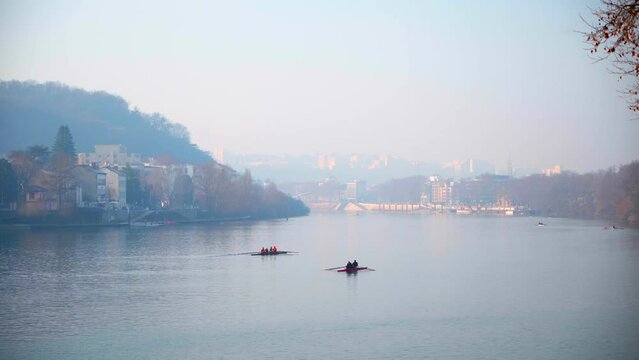 Rowing training in France, Lyon on a Sunday Morning for a healthy day