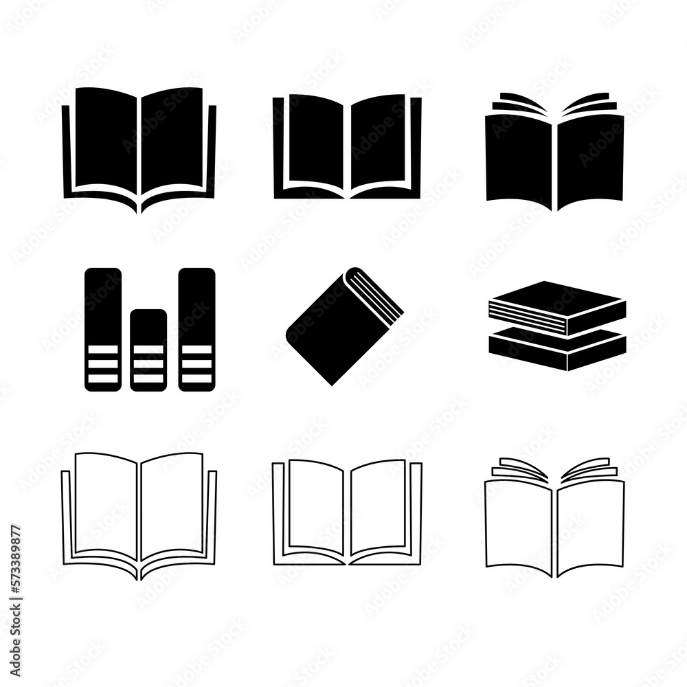 Poster vector book icon set. black book icons. outline book symbol. library symbol in glyph. open and close