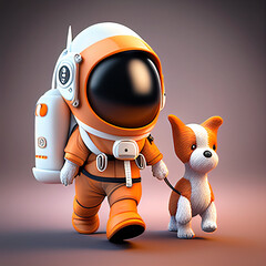 Cute Astronaut Walking With Dog. Generative Ai