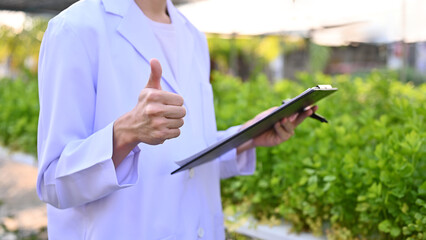 Professional male agricultural scientist showing thumb up hand gesture in the greenhouse.