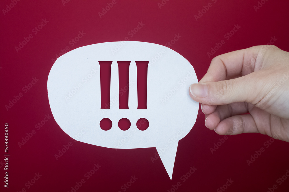 Poster speech bubble in front of colored background with exclamation mark text.