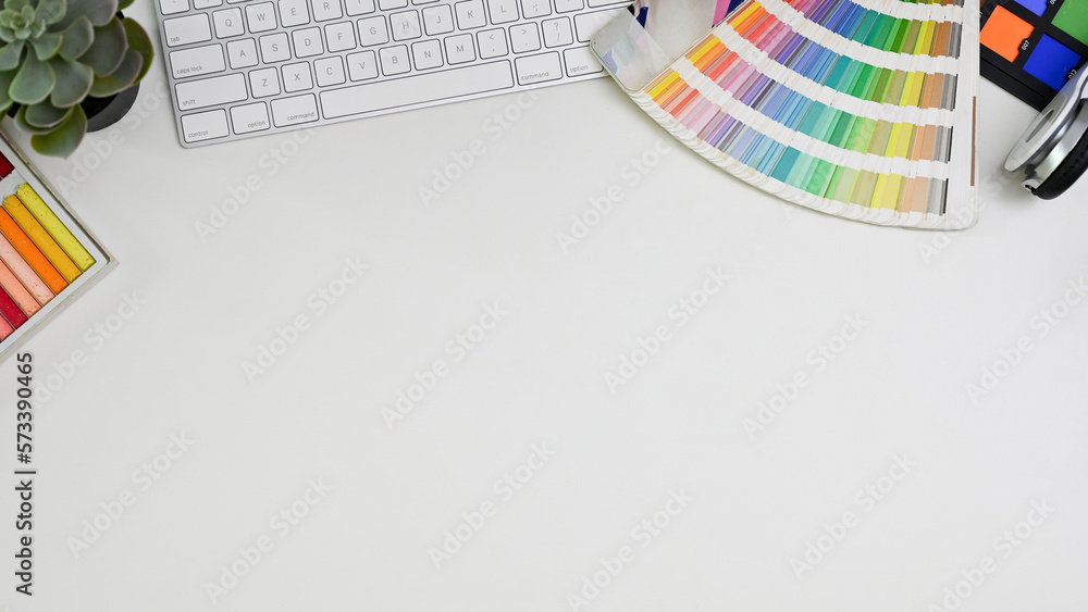Fototapete top view of a minimal white graphic designer's desk with accessories and copy space.