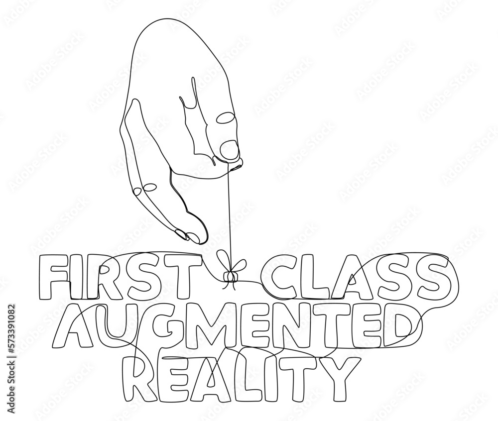 Poster one continuous line of hand with first-class augmented reality word. thin line illustration vector c