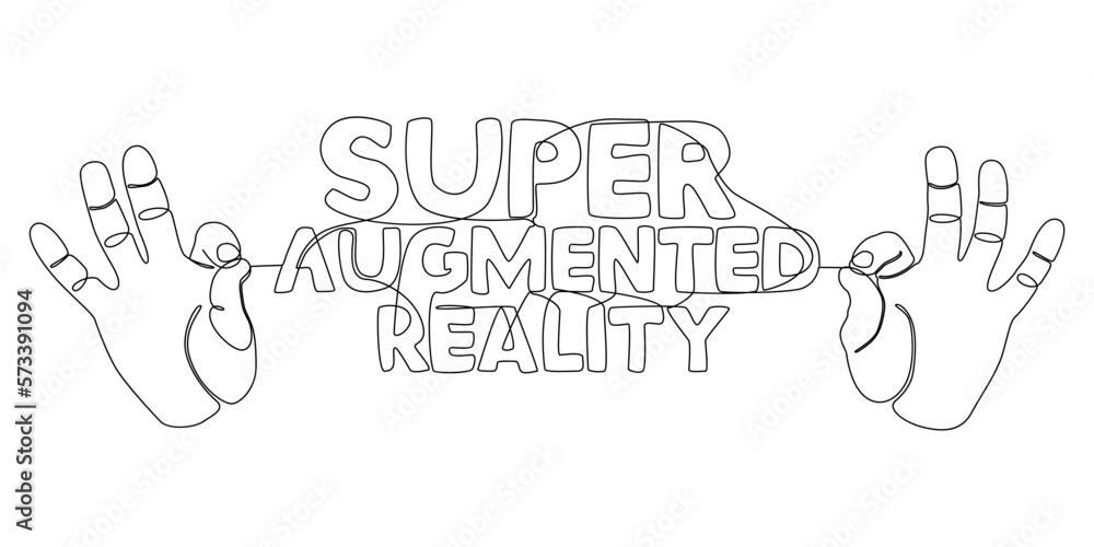 Poster one continuous line of hand with super augmented reality word. thin line illustration vector concept
