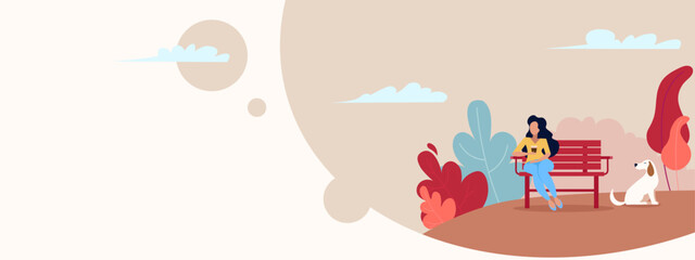 cheder, flat illustration, a girl with a dog sits on a bench in a colorful park