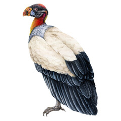King vulture illustration. Bird of prey watercolor image. Hand drawn realistic detailed Sarcoramphus papa exotic tropical predator bird. King vulture predator wildlife bird.