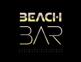 Vector premium Sign Beach Bar. Slim Golden Font. Modern Alphabet Letters and Numbers set