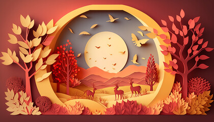 Beautiful village view background with autumn in paper cut style. Generative AI. Autumn greeting card background. 