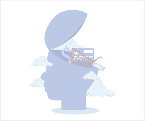 Consumerism,wanting mind or desire to buy and purchasing more, buying therapy or shopping addiction concept,Flat vector modern illustration 