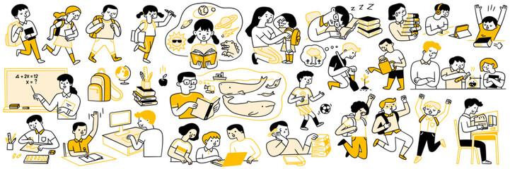 Cute character doodle illustration of back to school concept and education. Various student, teacher, walking, jumping, happy, reading book, learning, activities, imagination. Outline, hand drawn.