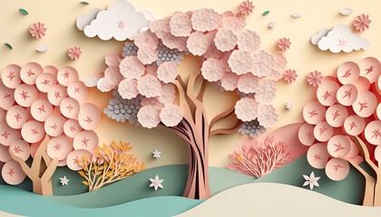Spring Sakura Cerry Blossom Background in Papercut Style. Vector Illustration Background. Generative AI