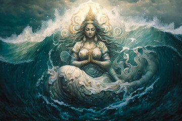 Obraz premium A Statue of a Meditating Goddess Embraced by the Ocean's Waves. Generative AI