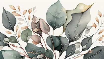 Elegant eucalyptus leaves background design watercolor. Generative AI.