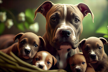 dogs family breed american staffordshire terrier puppies and mom illustration Generative AI - obrazy, fototapety, plakaty