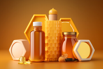 propolis bottles with bee extract cosmetics based on beeswax beauty skin care illustration Generative AI - obrazy, fototapety, plakaty