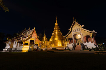 Wat Pra Sing temple at night, the destination landmark historical temple in Chiangmai Province, Northern of Thailand.