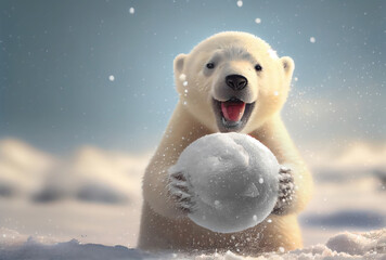 White polar bear cub playing snowball in the north pole. Animal and Seasonal concept. Generative AI