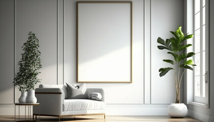Blank frame in modern interior background created with Generative AI technology