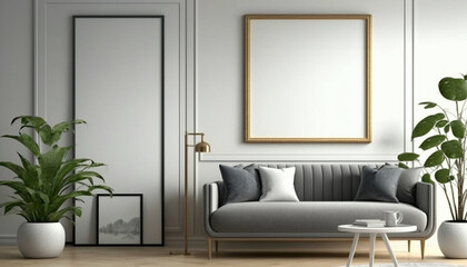 Blank frame in modern interior background created with Generative AI technology
