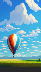 Distant view of hot air balloon with blue sky background created with Generative AI technology