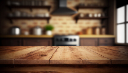 Empty wooden table with kitchen background created with Generative AI technology