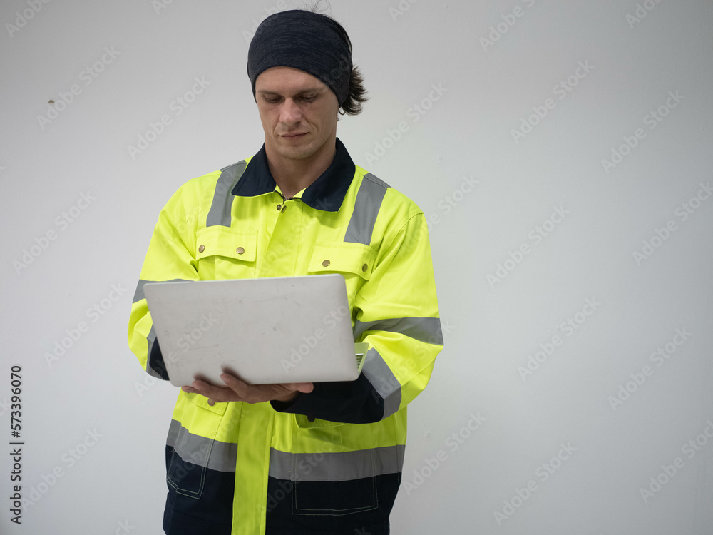 Poster man person wear uniform factory company manager supervisor labor staff hold notebook tablet mobile t