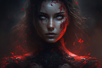 a robotic woman in red, looking scary  - obrazy, fototapety, plakaty
