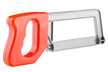 A set of toy tools isolated on a white background. Working tools for children, a saw for wood. Plastic tools for builder games. Role-playing games for children