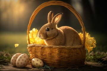 cute easter background with easter eggs and rabbits