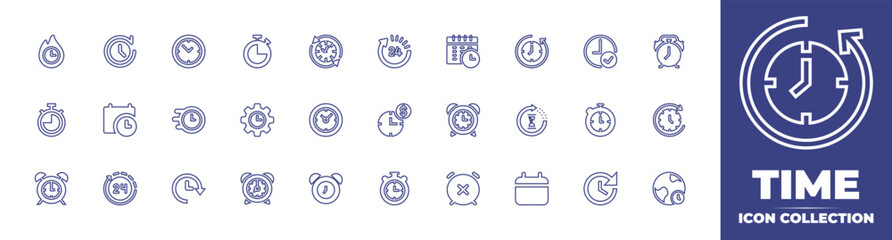 Time line icon collection. Editable stroke. Vector illustration. Containing deadline, times, clock, stopwatch, time travelling, hours, timetable, back in time, on time, alarm clock, timer, and more.