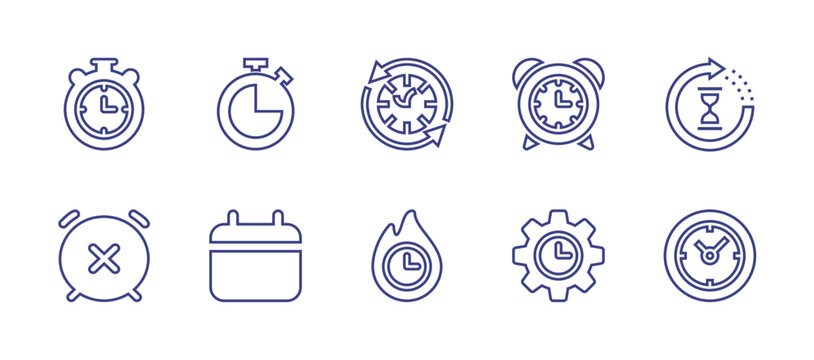 Time Line Icon Set. Editable Stroke. Vector Illustration. Containing Stop Watch, Stopwatch, Time Travelling, Clock, Processing, Off, Calendar Silhouette, Deadline, Time Management.