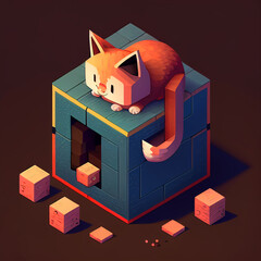 Isometric Cute Cat Illustration. Generative Ai