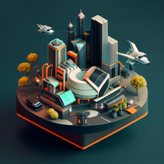 Isometric Futuristic City Illustration. Generative Ai