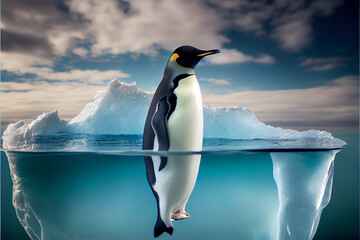 Fototapeta premium A picture of a penguin on iceberg, daytime, clear sky. Generative AI