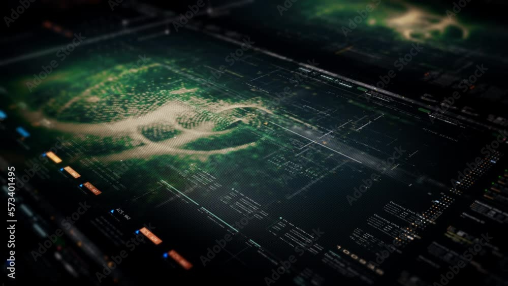 Aufkleber Futuristic abstract de-focus data matrix, meta, metaverse, telemetry and encrypt numbers display with particles simulation in cyber space environment for head up display background