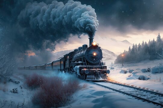 Riding the Rails Exploring the Polar Express Steam Train Through the Snowy Mountains Generative AI