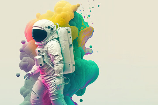 This stock photo features an imaginative and creative design of an astronaut made up of pastel colored abstract shapes. Generative AI