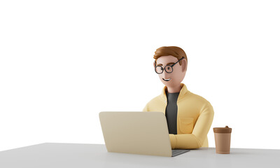 Young professional business man office worker sitting at desk working on laptop in office.3d illustration.