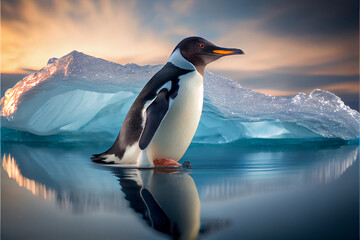 A picture of a penguin on iceberg, daytime, clear sky. Generative AI