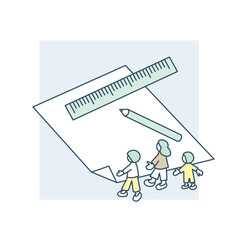 文房具を前にして考える人々。ものさしやペンを使う