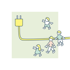 電源コードと人々。テクノロジーに支えられる人々