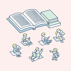本と文字。ゆっくりと読書する人々