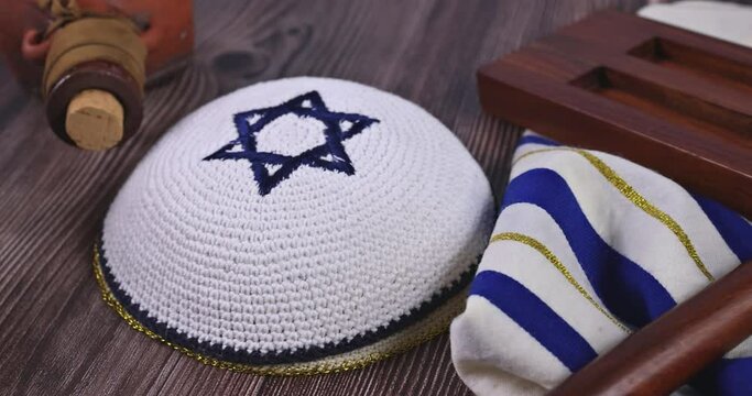 Festival of Purim Jewish holiday religious with cookies, shofar tallits, hamantaschen celebration symbols carnival masks