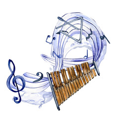 Musical symbols and xylophone watercolor illustration on white. Triangle percussion musical...