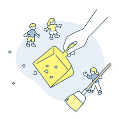 チリトリでゴミを取り除く。清掃することで環境を整える