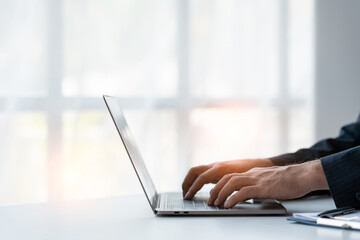 man hands typing on computer keyboard closeup banner, businesswoman or student girl using laptop at home, online learning, internet marketing, working from home, office workplace freelance concept.